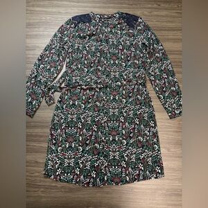 Banana Republic Black Green Floral Print Navy Lace Trim Tie Waist Dress Size 6